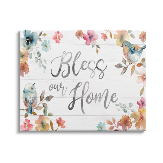 Stupell Industries Bless Our Home Greeting Watercolor Birds Blooming Flowers Canvas Wall Art